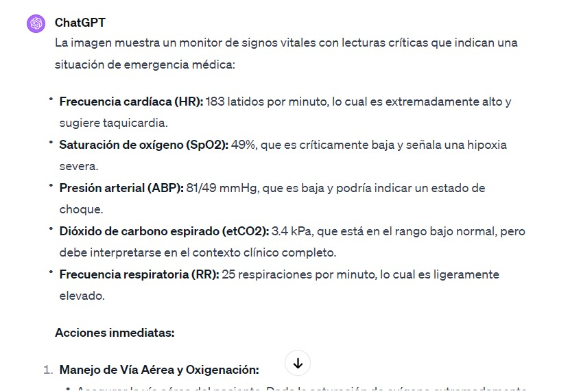 La imagen muestra lo que contesta ChatGPT, que es lo siguiente:
La imagen muestra un monitor de signos vitales con lecturas críticas que indican una situación de emergencia médica:
Frecuencia cardíaca (HR): 183 latidos por minuto, lo cual es extremadamente alto y sugiere taquicardia.
Saturación de oxígeno (SpO2): 49%, que es críticamente baja y señala una hipoxia severa.
Presión arterial (ABP): 81/49 mmHg, que es baja y podría indicar un estado de choque.
Dióxido de carbono espirado (etCO2): 3.4 kPa, que está en el rango bajo normal, pero debe interpretarse en el contexto clínico completo.
Frecuencia respiratoria (RR): 25 respiraciones por minuto, lo cual es ligeramente elevado.